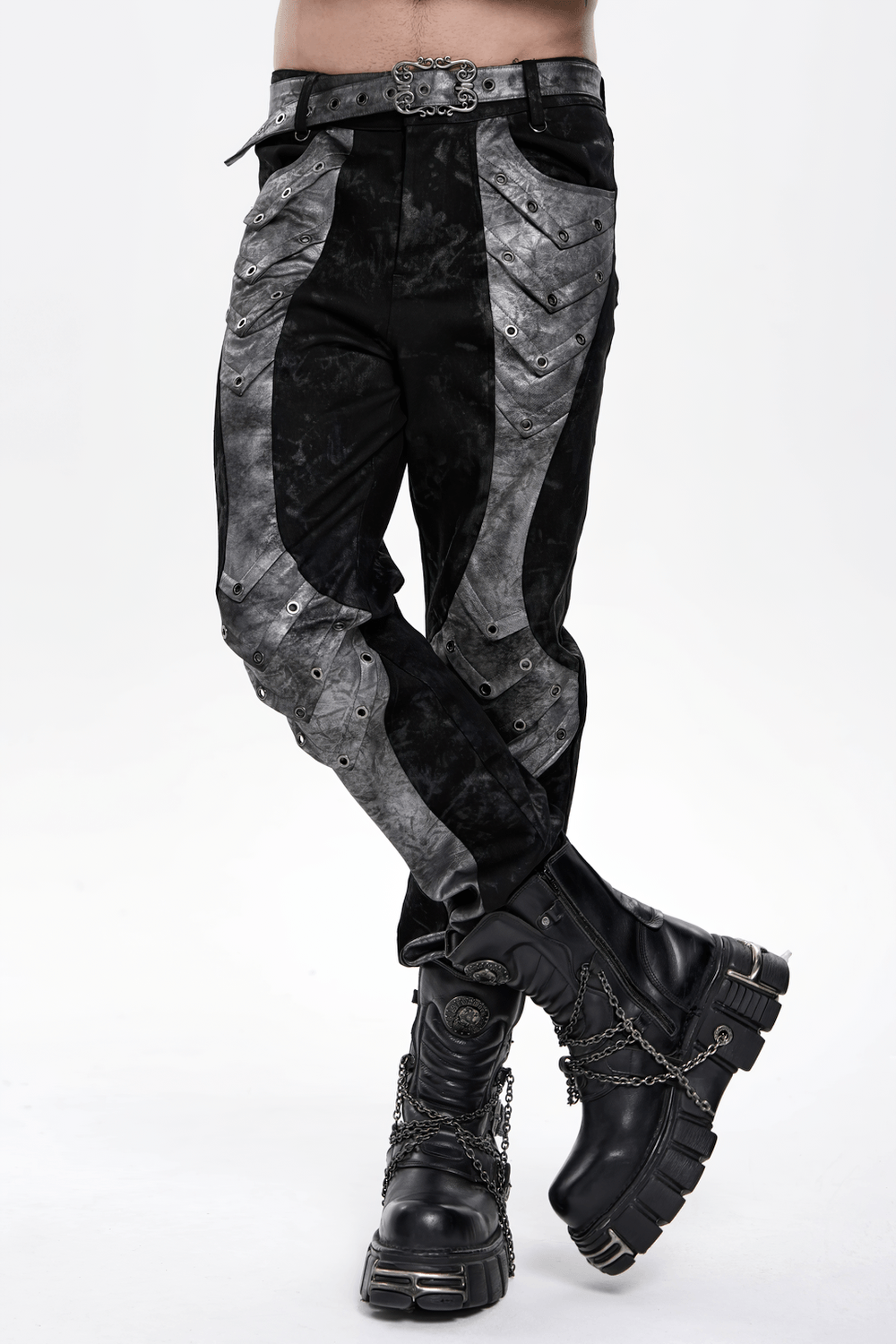 Men's Gothic Punk Pants with Silver Grommet Panels