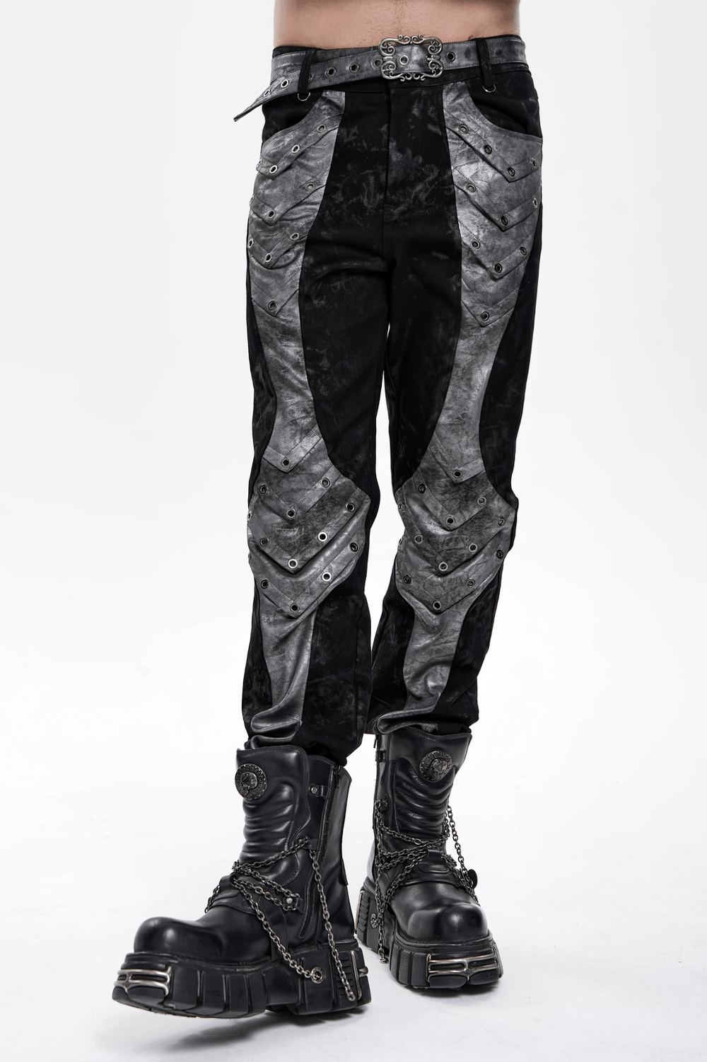 Men's Gothic Punk Pants with Silver Grommet Panels