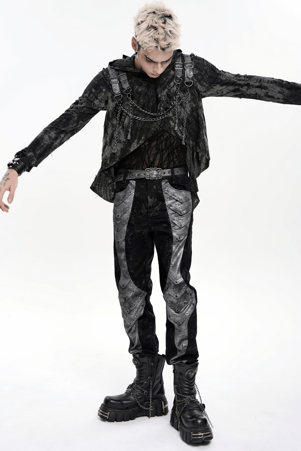 Men's Gothic Punk Pants with Silver Grommet Panels