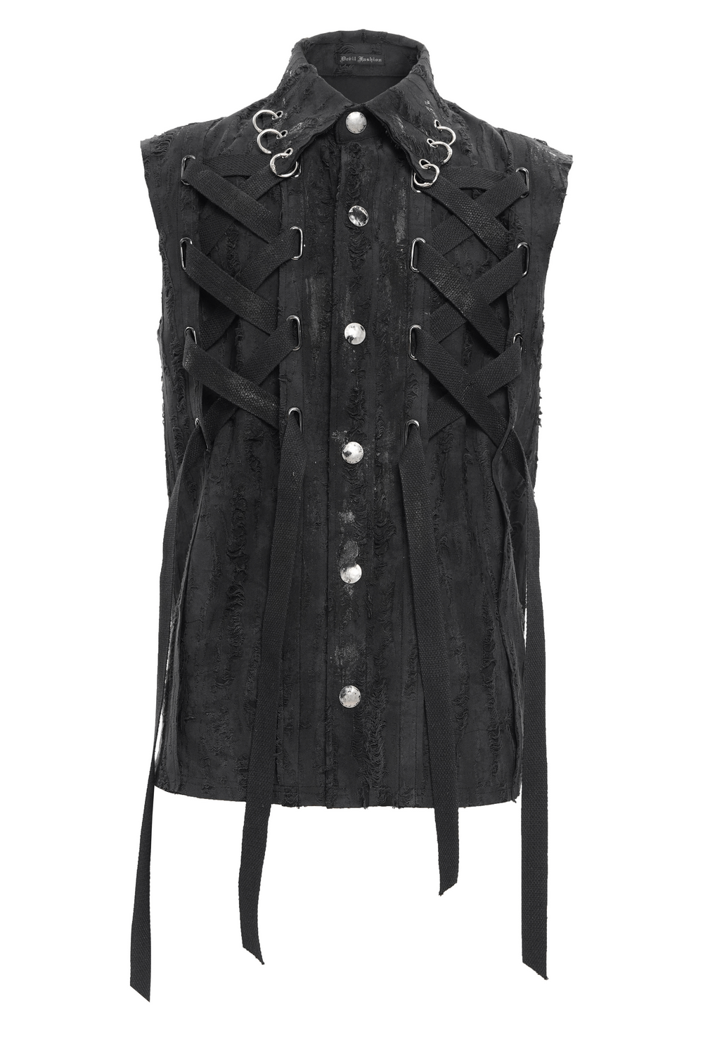 Men's gothic punk sleeveless shirt with lace-up design and metal rings, perfect for edgy streetwear and concerts.