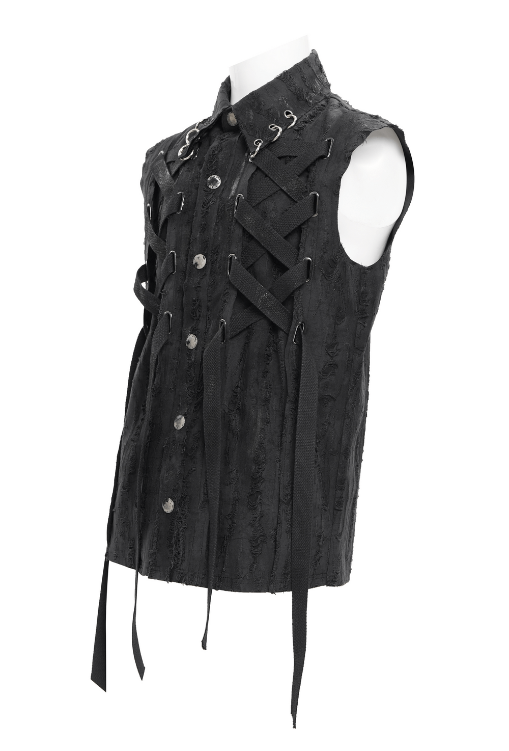 Men's Gothic Punk sleeveless shirt with lace-up design and metal ring details in textured black fabric.