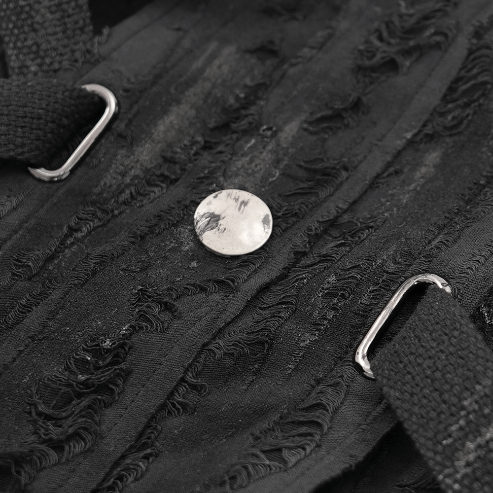 Close-up of men's gothic punk sleeveless shirt showing textured fabric, metal ring detail, and adjustable lace-up design.