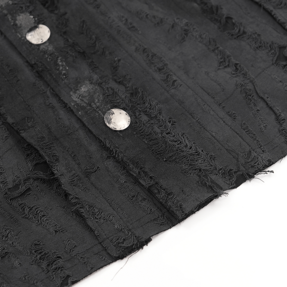 Close-up of textured black men's gothic punk shirt with metal buttons and frayed fabric details.