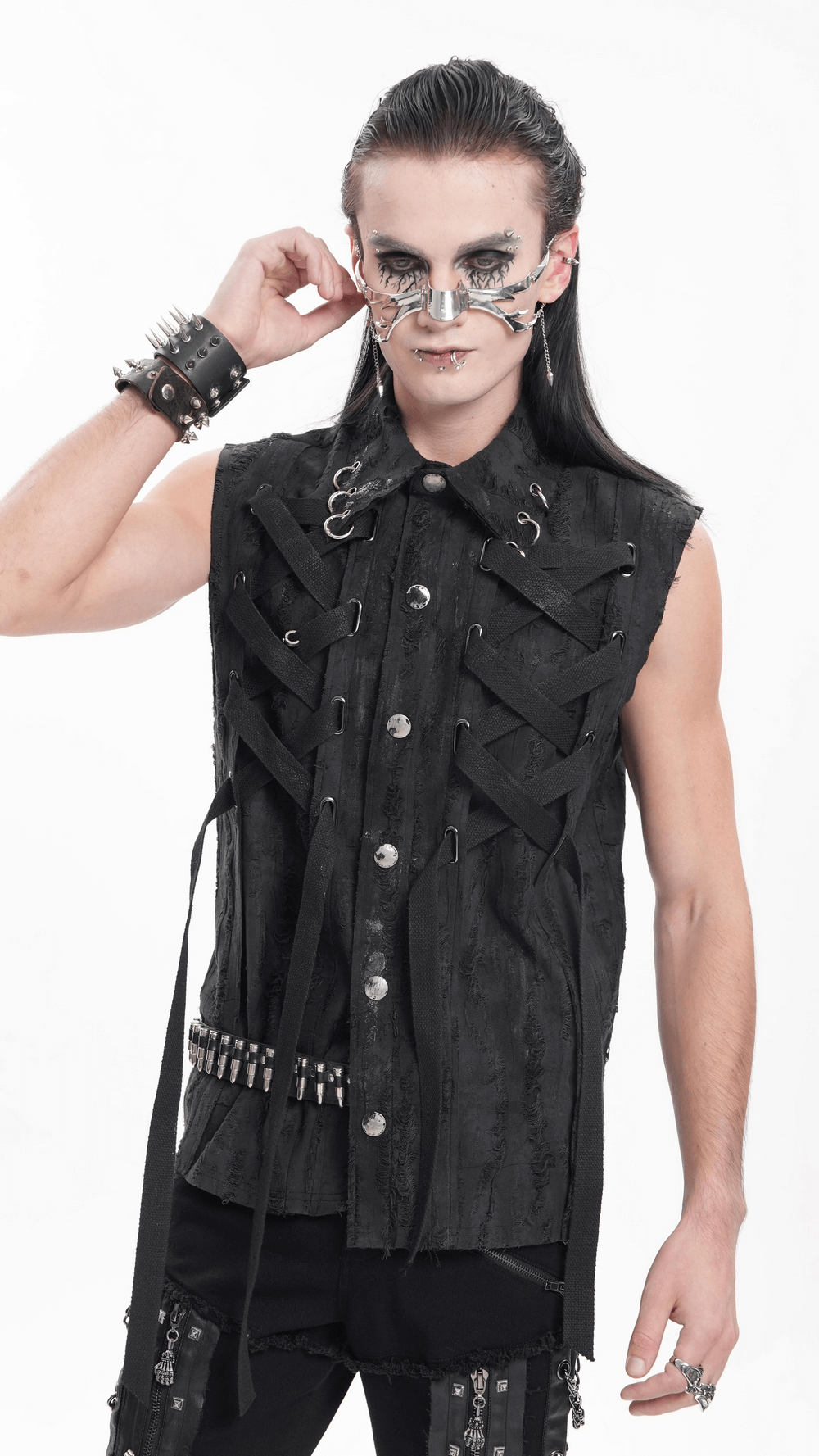 Men's gothic punk sleeveless shirt with lace-up design, metal rings, and edgy button-up front. Perfect for alternative fashion.