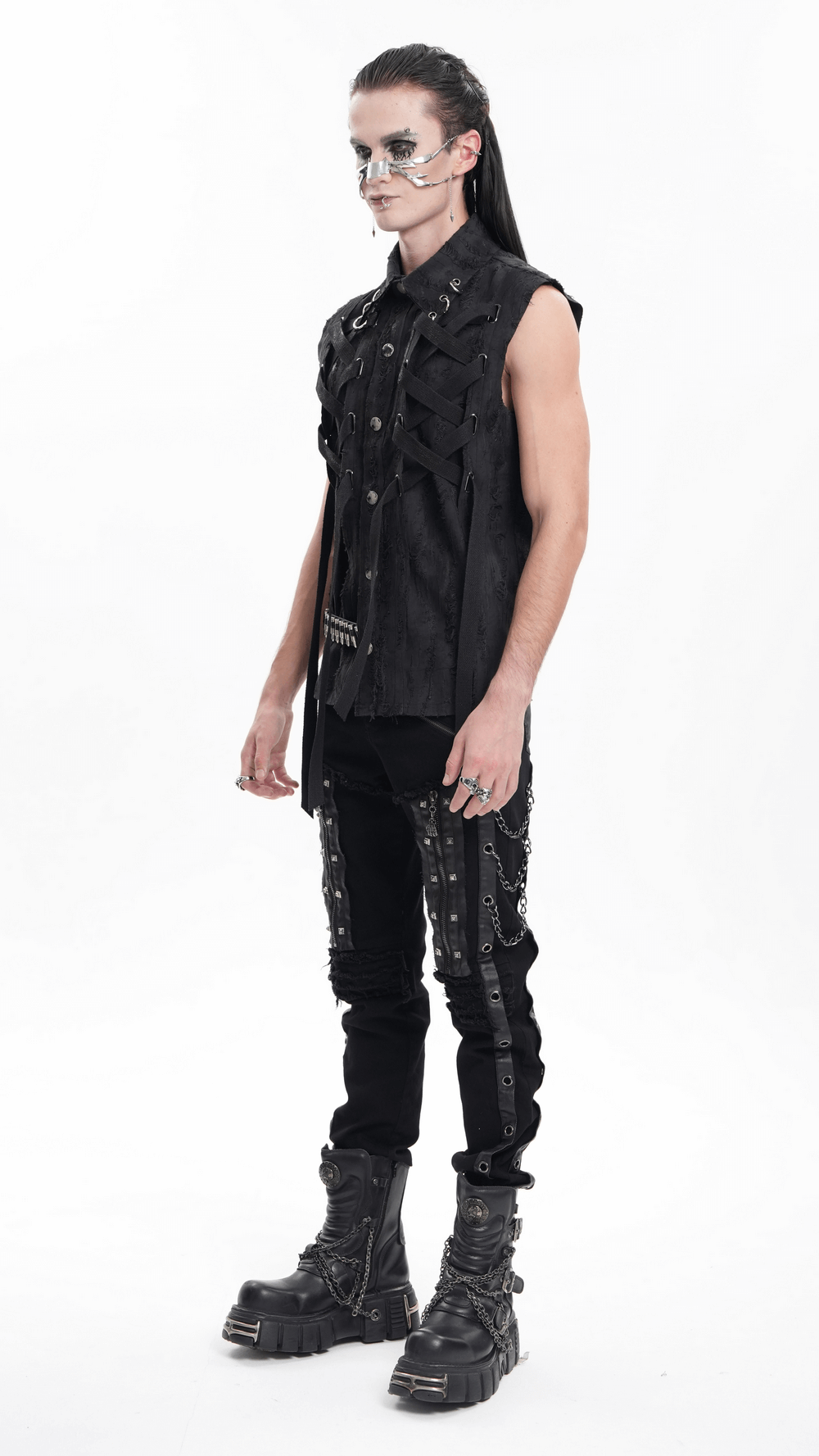 Men's gothic punk sleeveless shirt with lace-up design, metal rings, and edgy streetwear style. Perfect for alternative fashion.