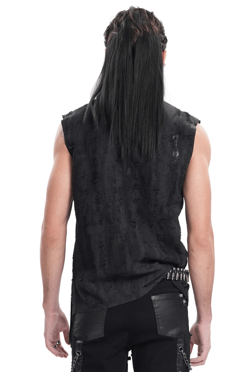 Men's gothic punk sleeveless shirt with lace-up design viewed from the back, showcasing rugged texture and edgy style.