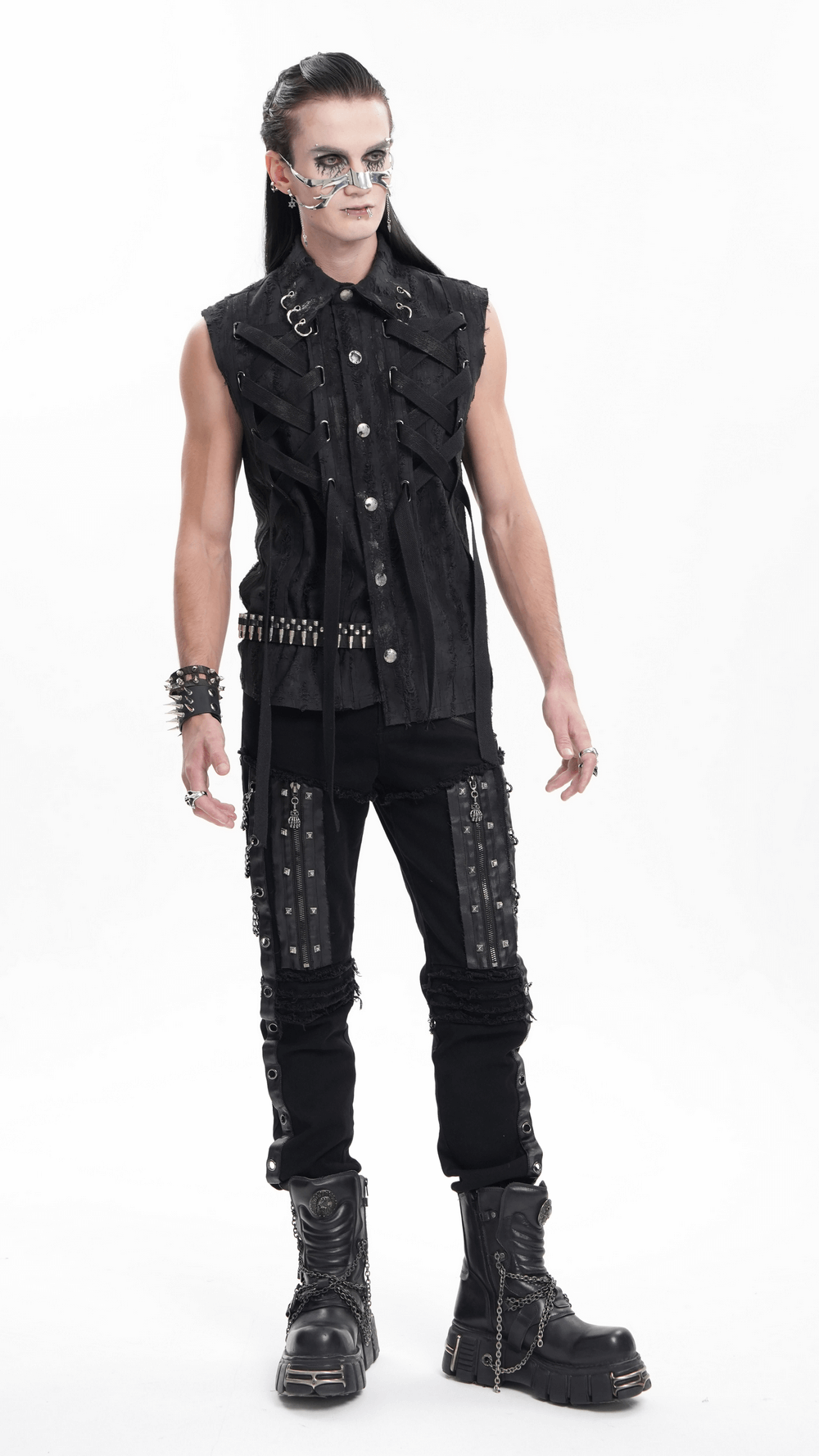 Men's gothic punk sleeveless shirt with lace-up design and metal ring details, styled with edgy black pants and boots.