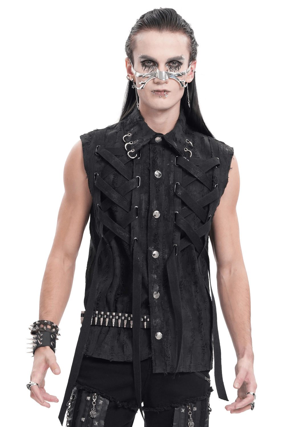 Men's gothic punk sleeveless shirt with lace-up design and metal ring details, perfect for edgy streetwear and concerts.