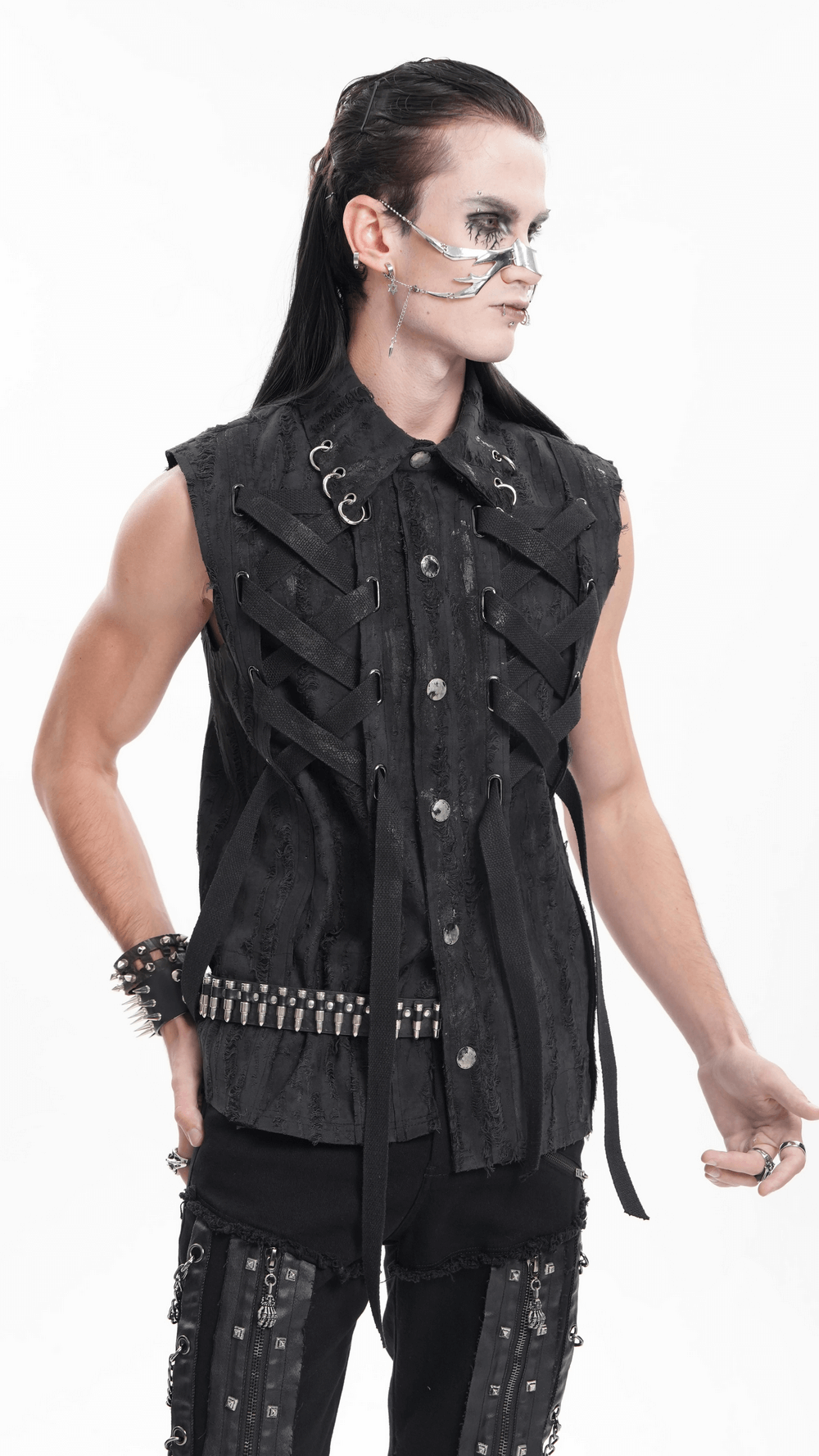 Men's gothic punk sleeveless shirt with lace-up design and metal rings, perfect for edgy streetwear and concerts.