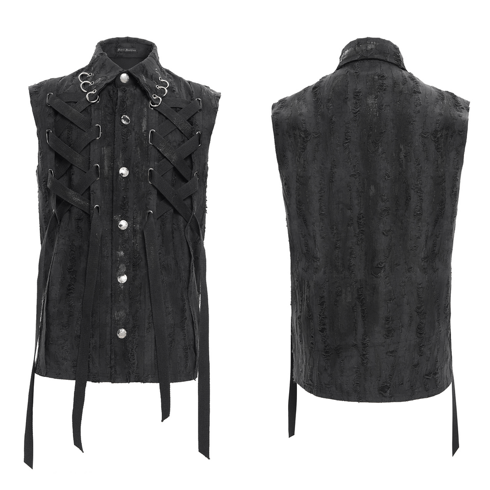 Men's gothic punk sleeveless shirt featuring lace-up design, metal rings, and textured fabric for an edgy style.