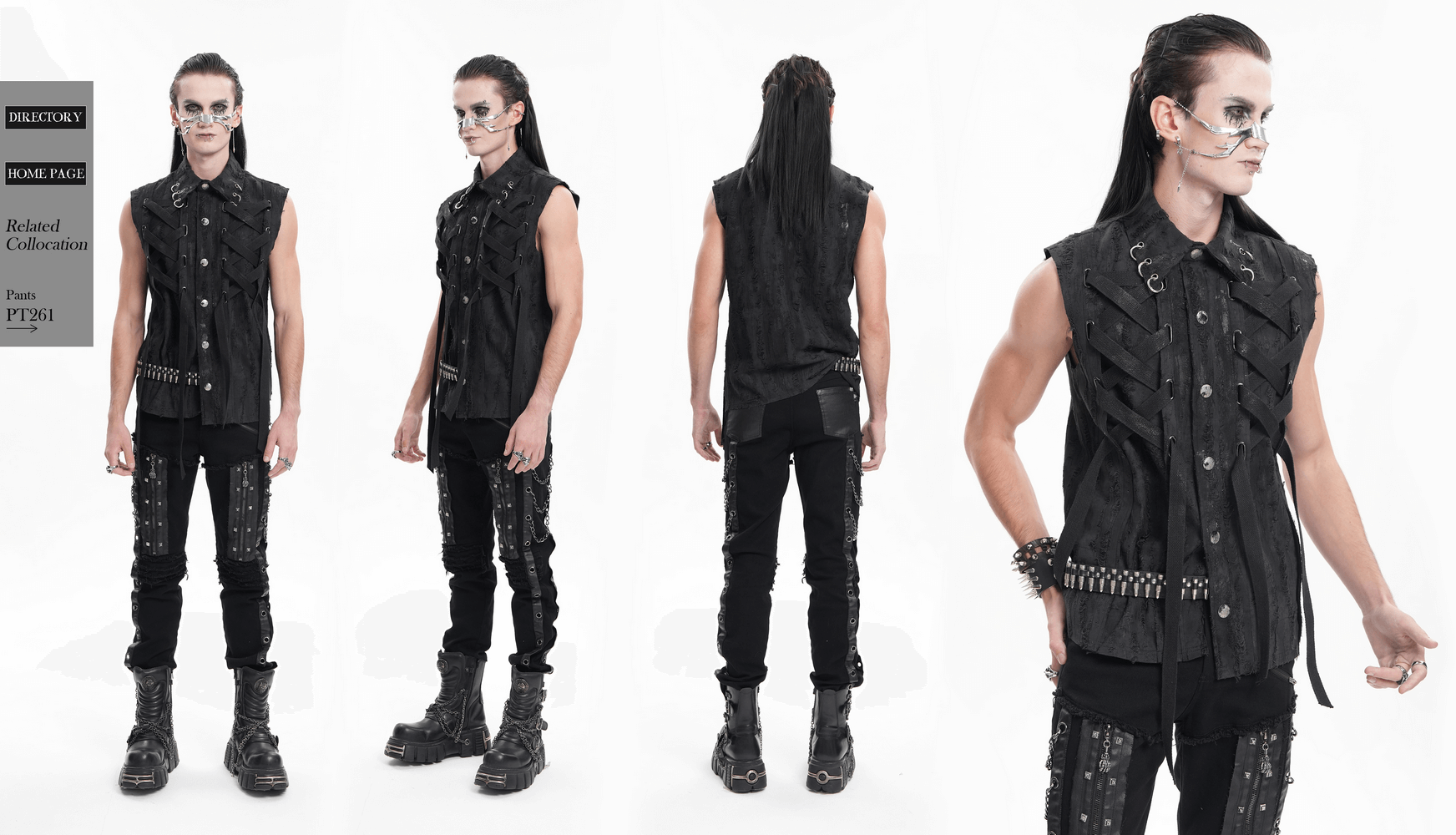 Men's gothic punk sleeveless shirt with lace-up design and metal rings, perfect for edgy streetwear and concerts.