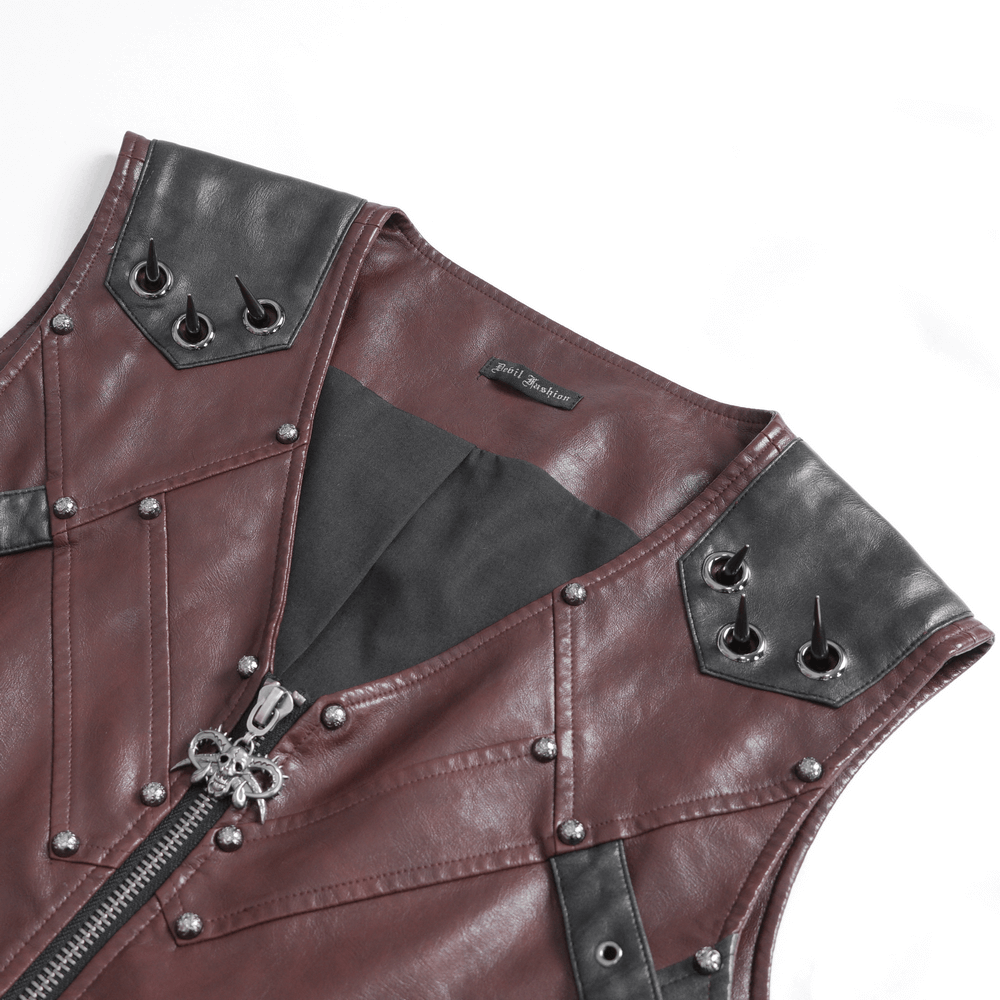 Men's gothic punk studded synthetic leather vest with zip front and eye-catching details.