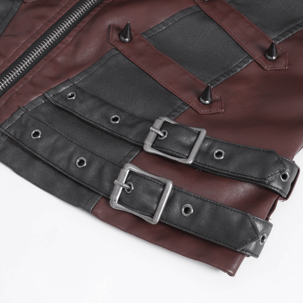 Close-up of men's gothic punk vest featuring faux leather, studs, and buckle details for an edgy style.