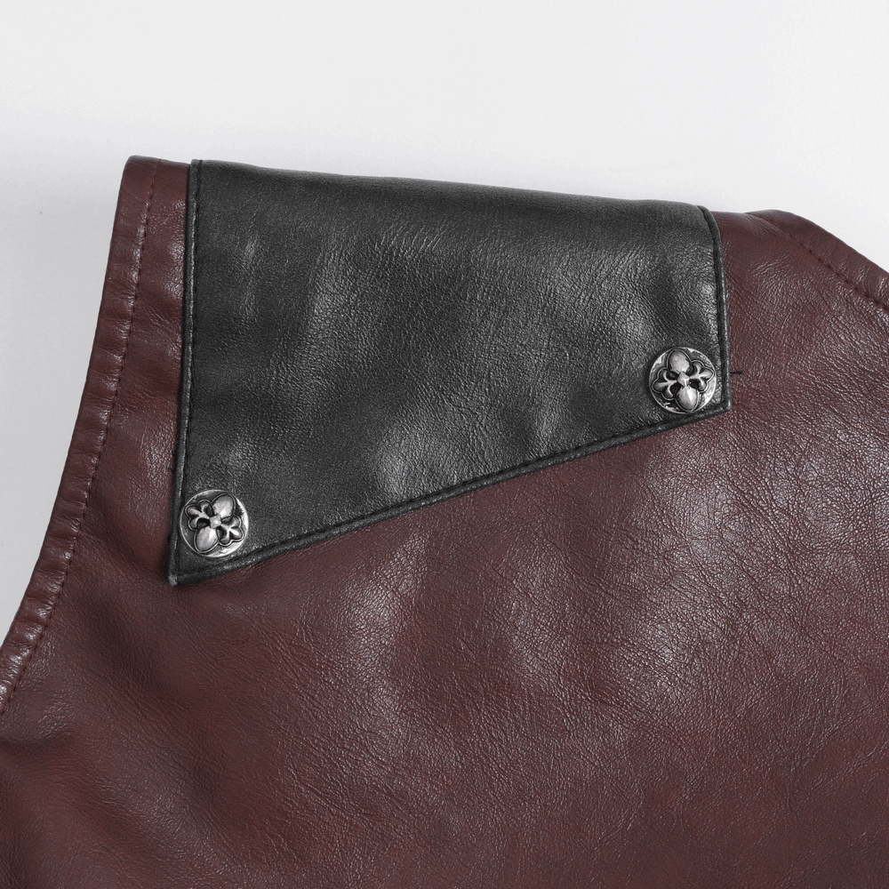 Close-up of men's gothic punk vest collar featuring faux leather and studded embellishments.