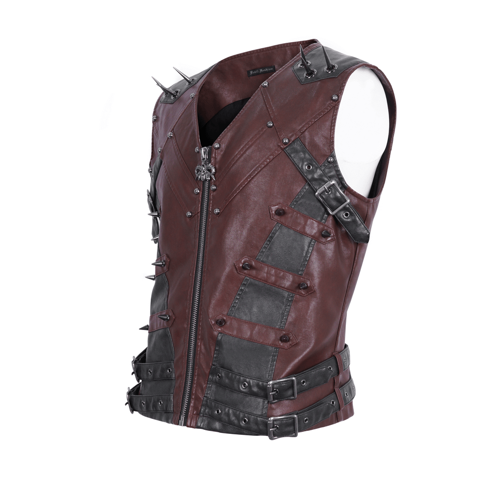 Men's gothic punk studded faux leather vest with zip front and bold spikes, perfect for a rebellious style.