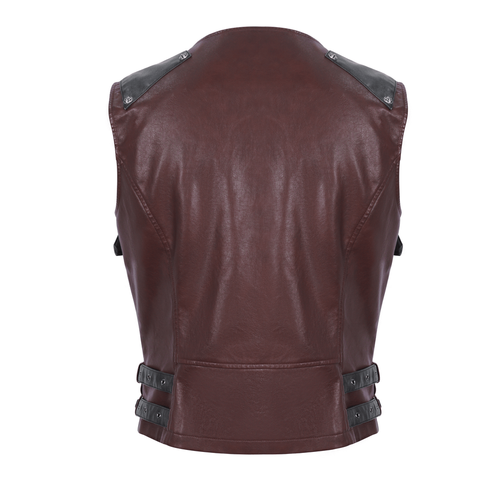 Men's gothic punk studded faux leather vest with detailed stitching and edgy buckle design, perfect for a rebellious look.