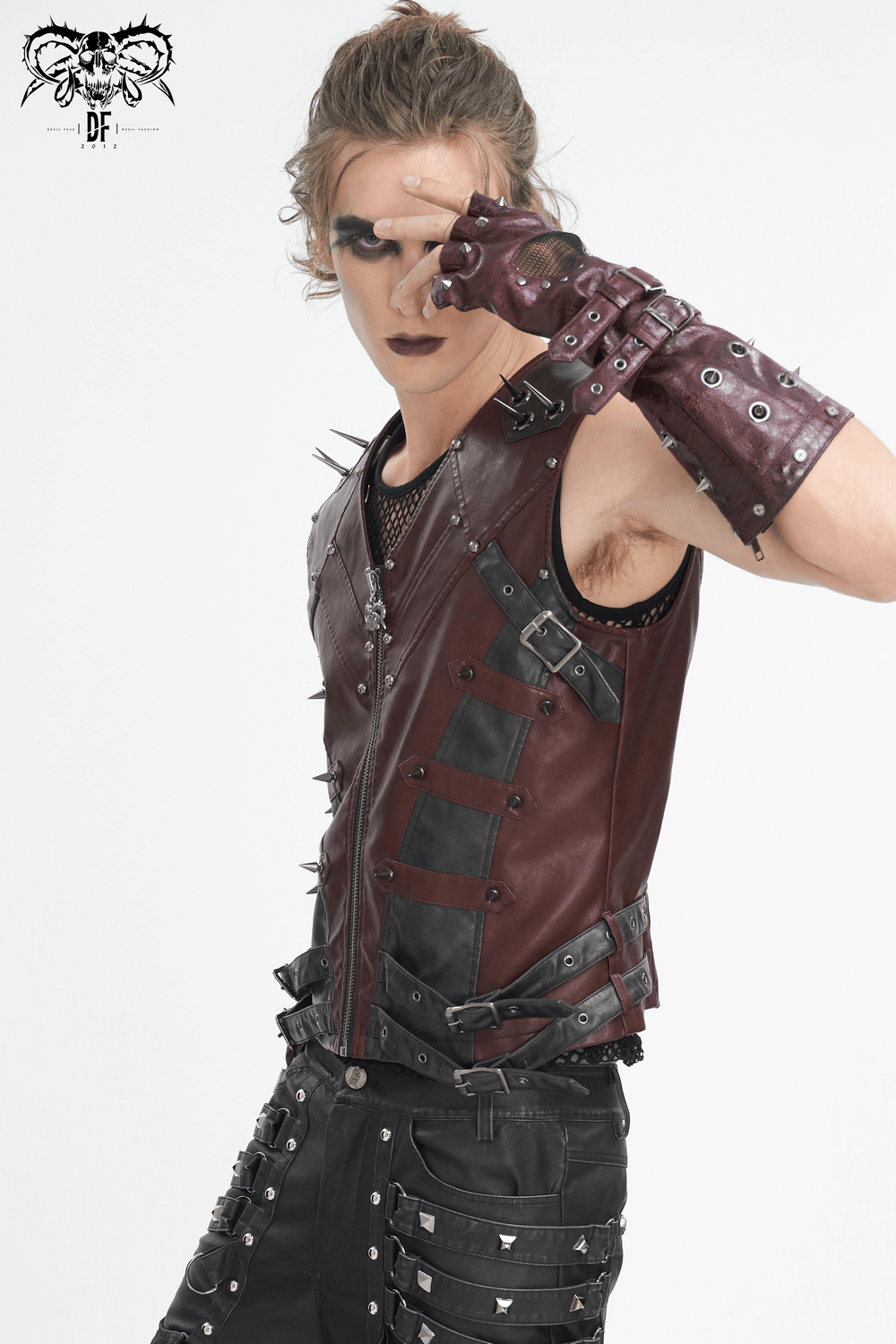 Men's Gothic punk studded faux leather vest with striking design, perfect for edgy, rebellious outfits.