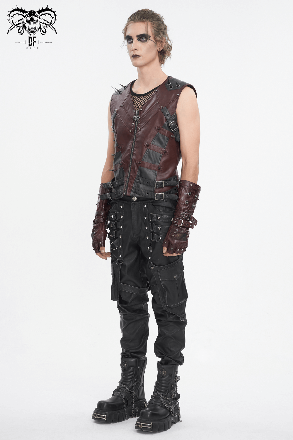 Men's gothic punk vest with studs, faux leather, and striking design for a bold, rebellious look.
