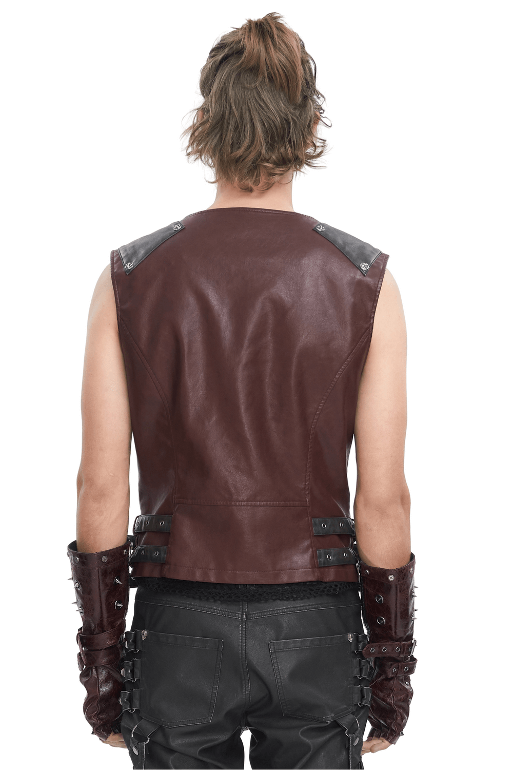 Back view of a men's gothic punk studded faux leather vest with edgy design and stylish arm accessories.