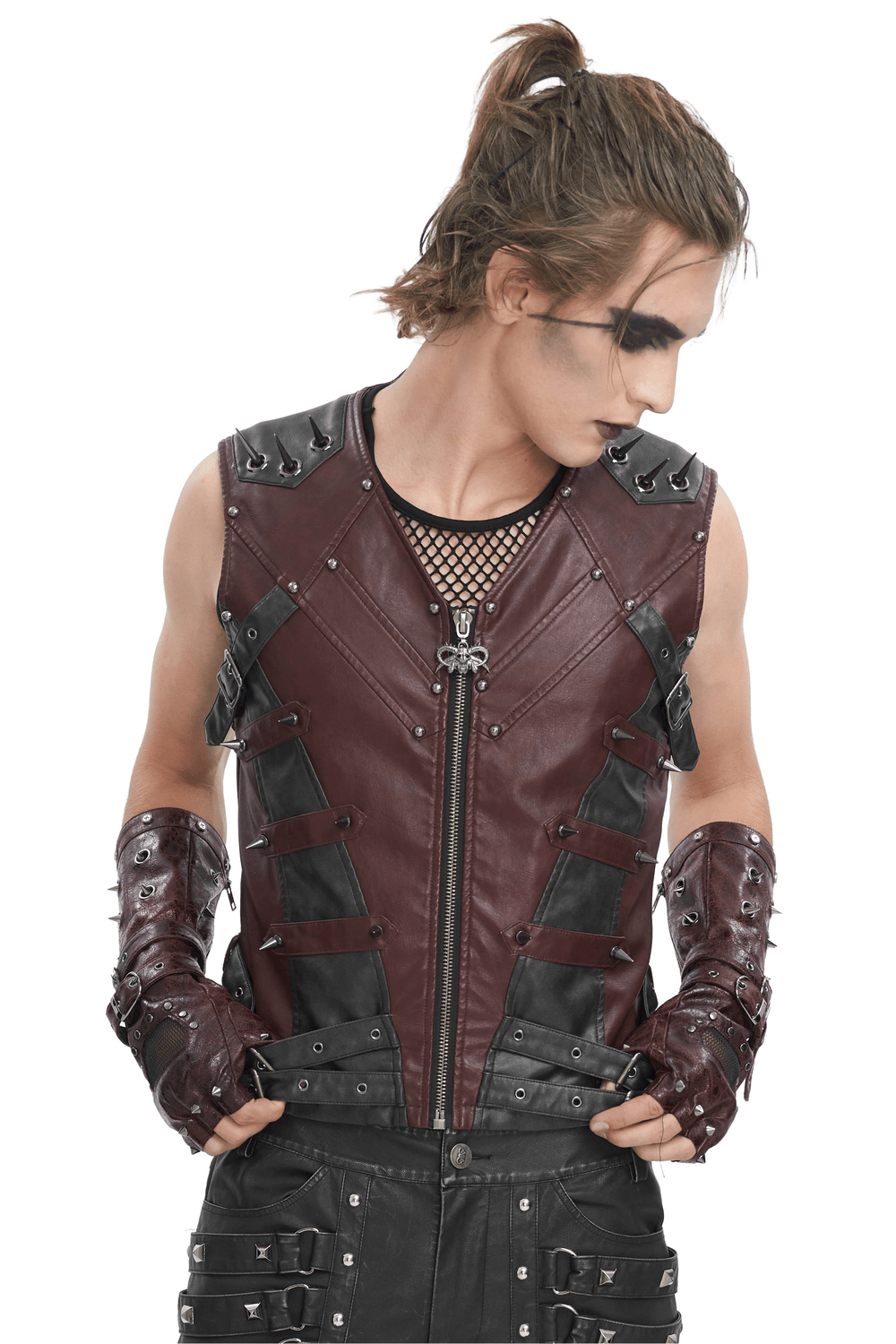 Men's gothic punk studded synthetic leather vest with zip front and edgy design, perfect for rebellious style.