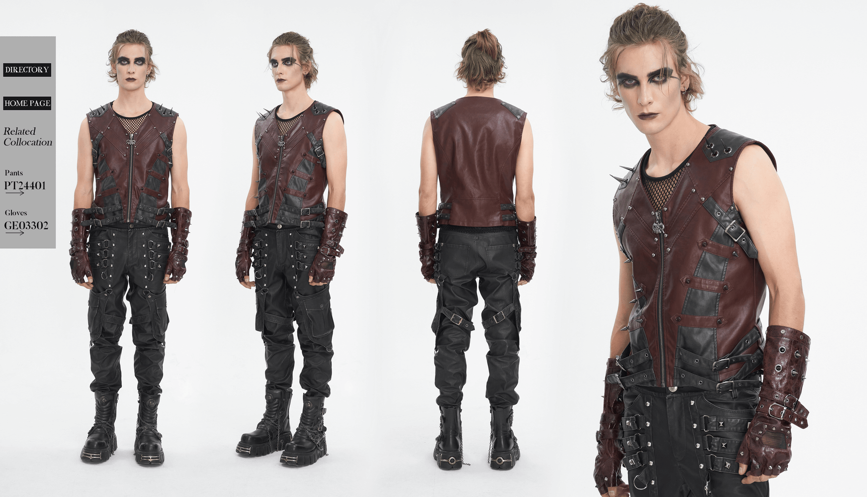Men's gothic punk studded faux leather vest shown on model, styled with edgy pants and accessories.