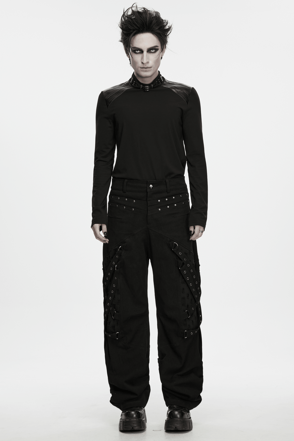 Men's Gothic Punk Tapered Pants with Metal Straps, black studded cargo trousers with eyelet straps and rebellious stacked cuffs