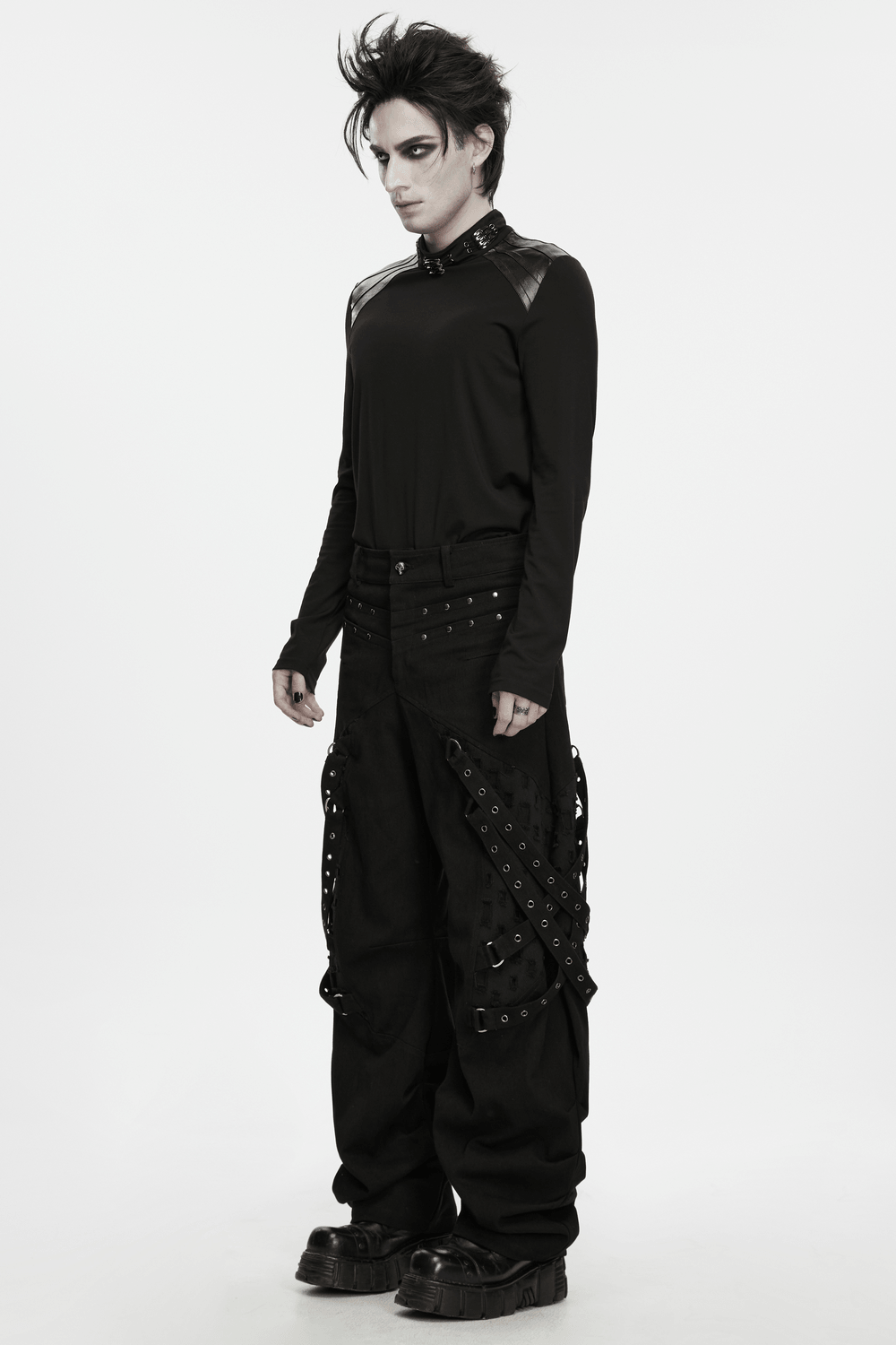 Men's Gothic Punk Tapered Pants with Metal Straps, black gothic cargo trousers with studded details and eyelet straps