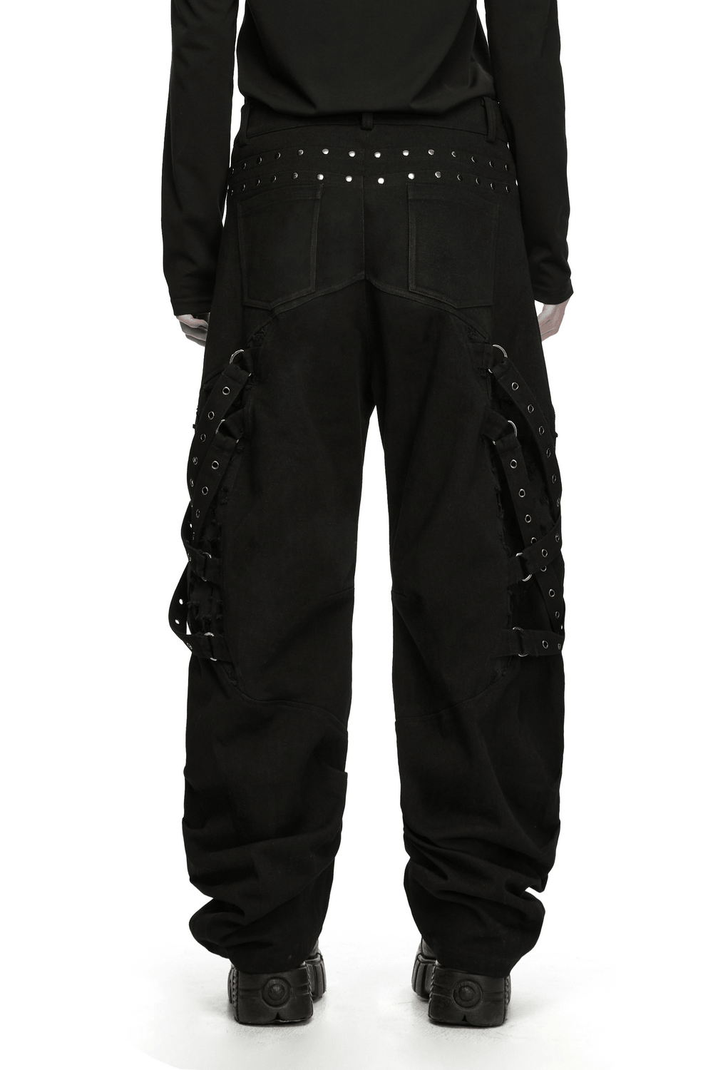 Men's Gothic Punk Tapered Pants with Metal Straps, black studded cargo trousers with eyelet straps and tapered cuffs