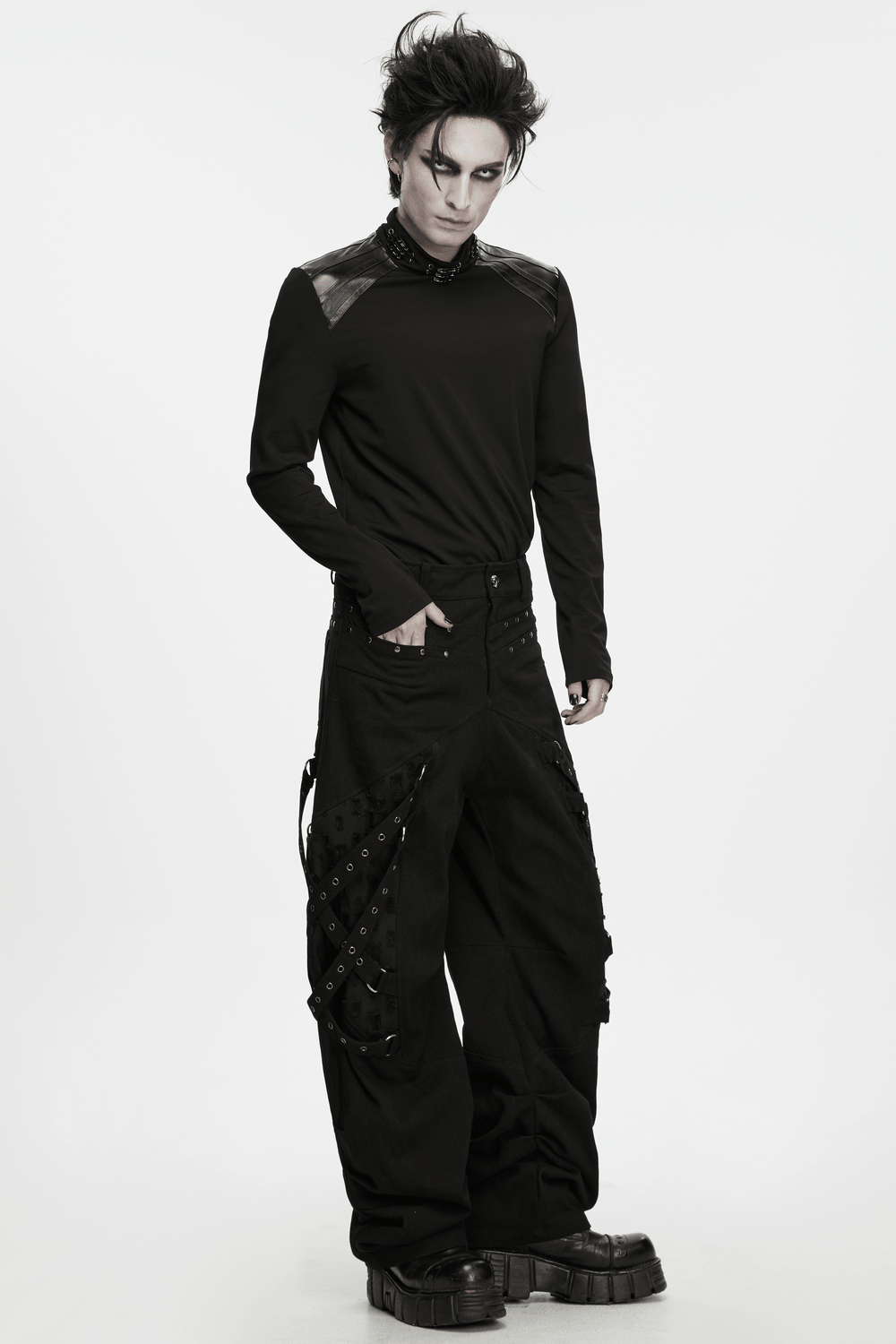 Men's Gothic Punk Tapered Pants with Metal Straps, black wide-leg cargo style with studded details and eyelet straps