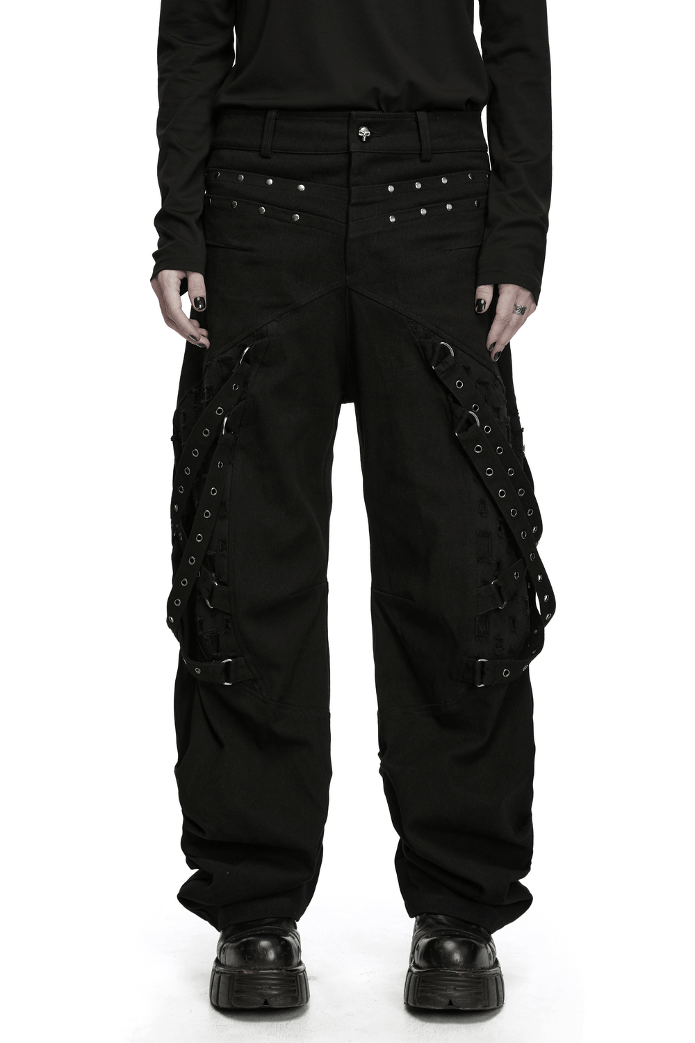 Men's Gothic Punk Tapered Pants with Metal Straps, black studded cargo trousers with eyelet details and tapered cuffs