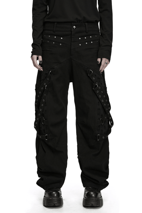 Pantalones cargo militares para hombre con paneles góticos de encaje y faroles