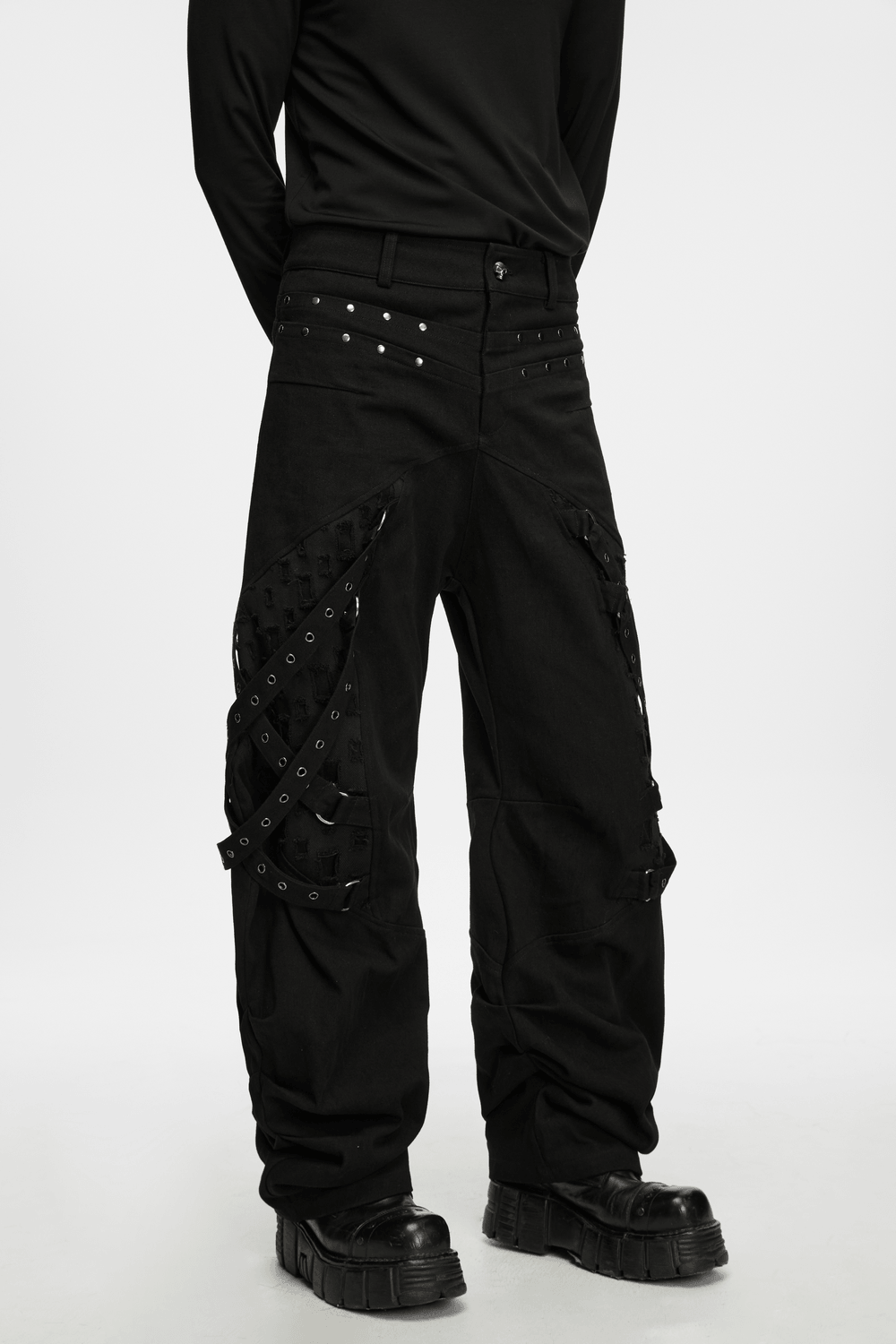 Men's Gothic Punk Tapered Pants with Metal Straps, black studded cargo trousers with eyelet details and stacked cuffs
