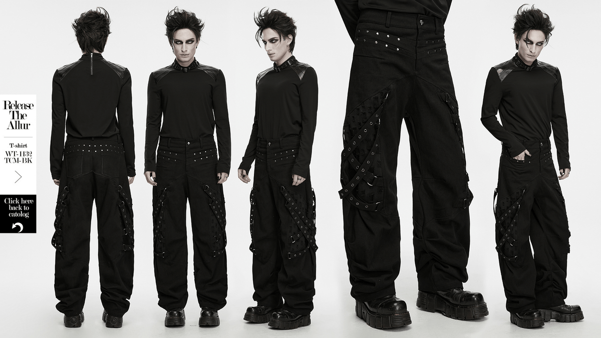 Men's Gothic Punk Tapered Pants with Metal Straps, black studded cargo trousers with eyelet straps and pleated cuffs