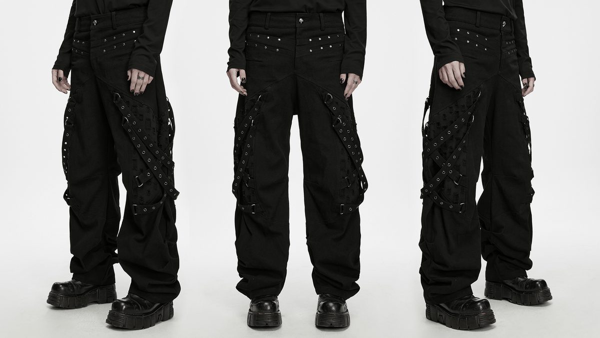 Men's Gothic Punk Tapered Pants with Metal Straps, black studded cargo trousers with straps and stacked cuffs