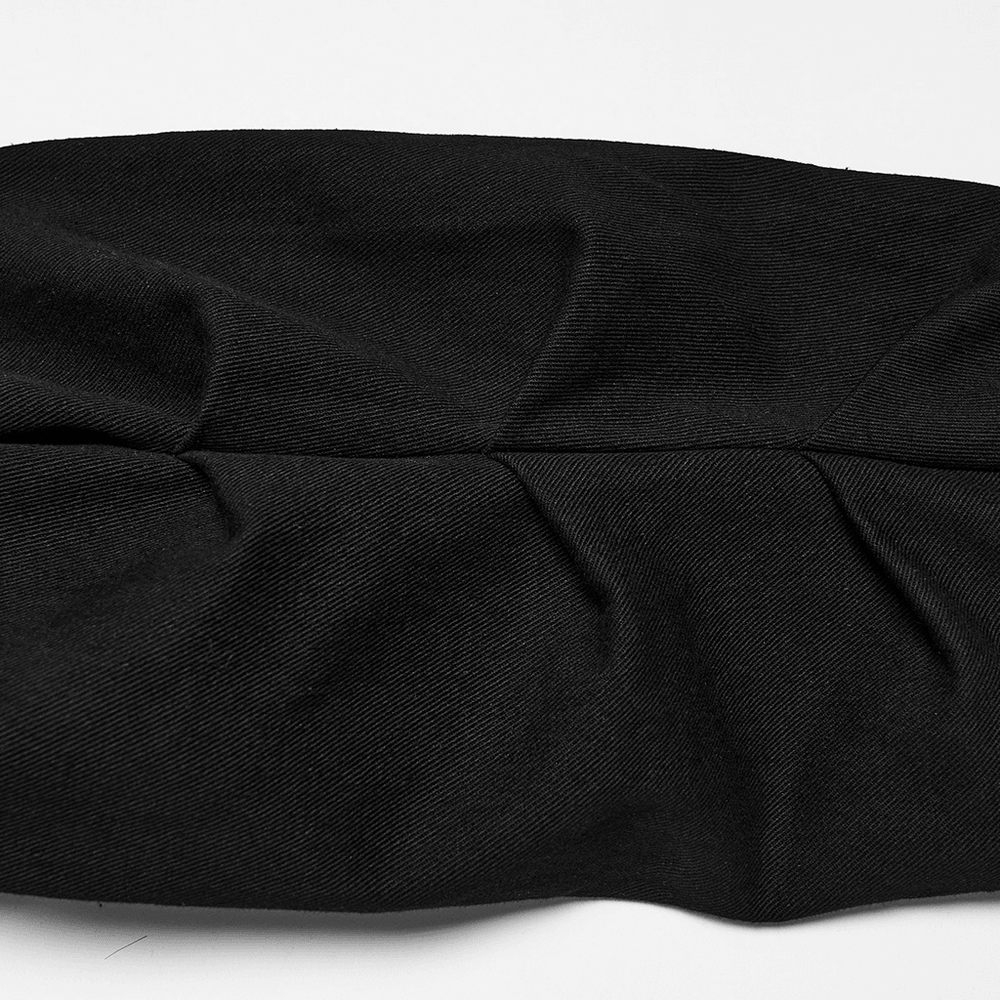 Men's Gothic Punk Tapered Pants with Metal Straps, black textured fabric close-up for edgy gothic style