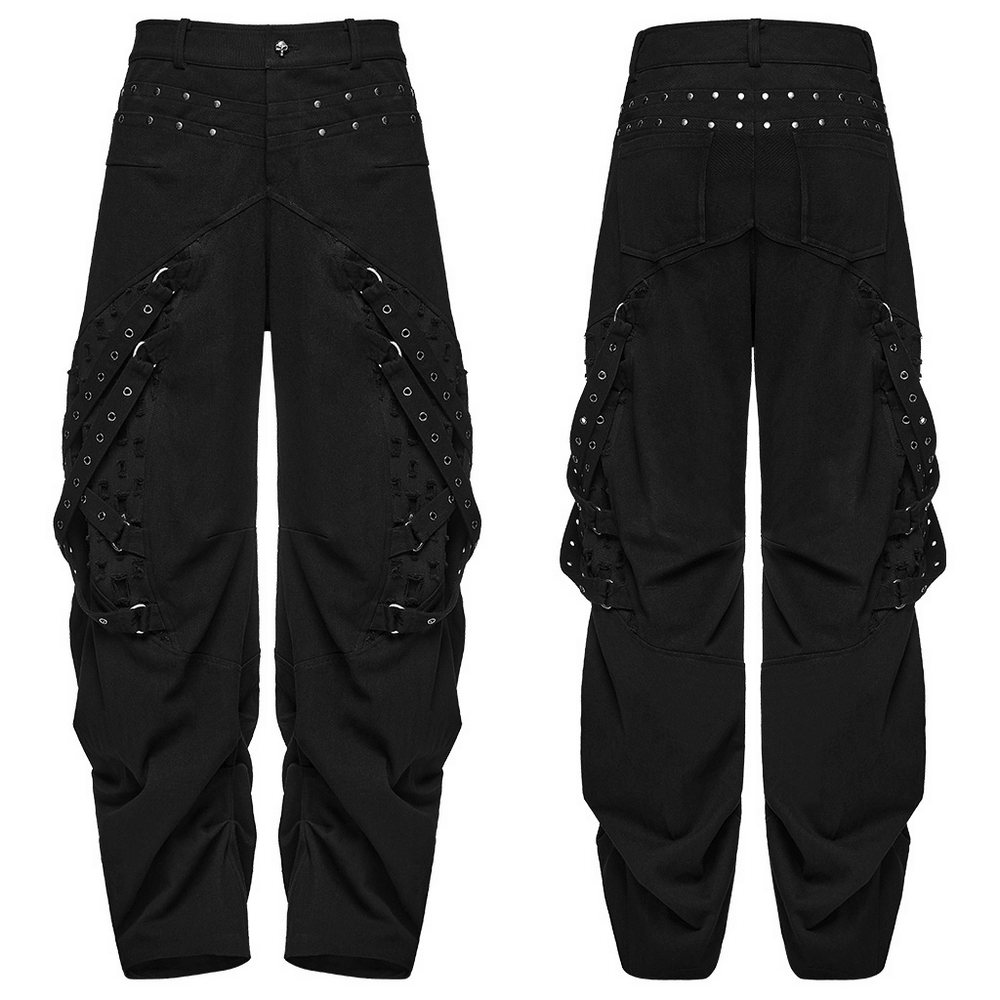 Men's Gothic Punk Tapered Pants with Metal Straps black cargo trousers with studs, eyelet straps, and stacked cuffs