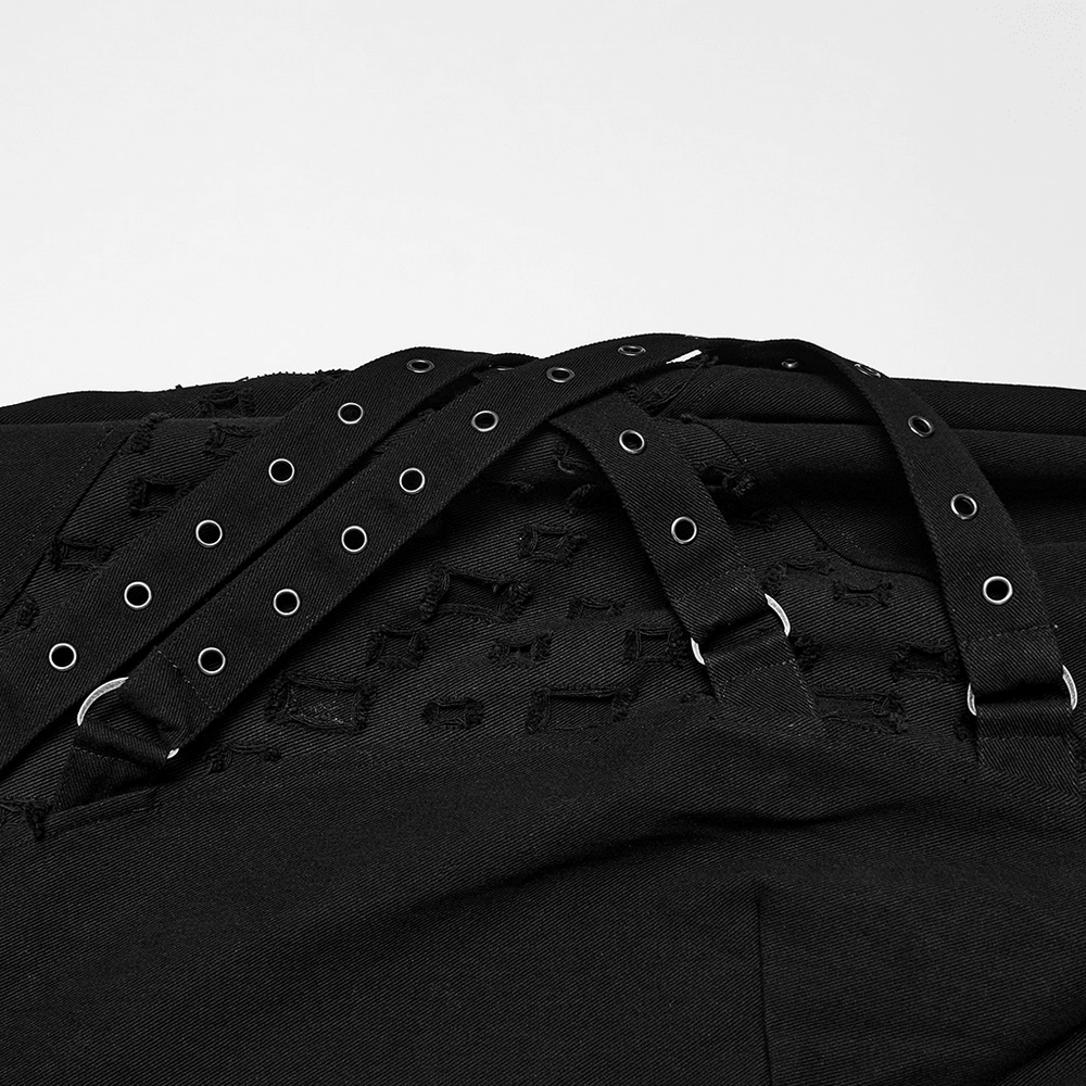 Men's Gothic Punk Tapered Pants with Metal Straps, black studded waist detail and eyelet straps for edgy gothic style