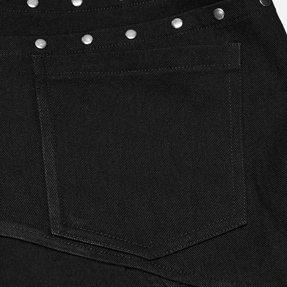Men's Gothic Punk Tapered Pants with Metal Straps, black studded cargo pocket detail