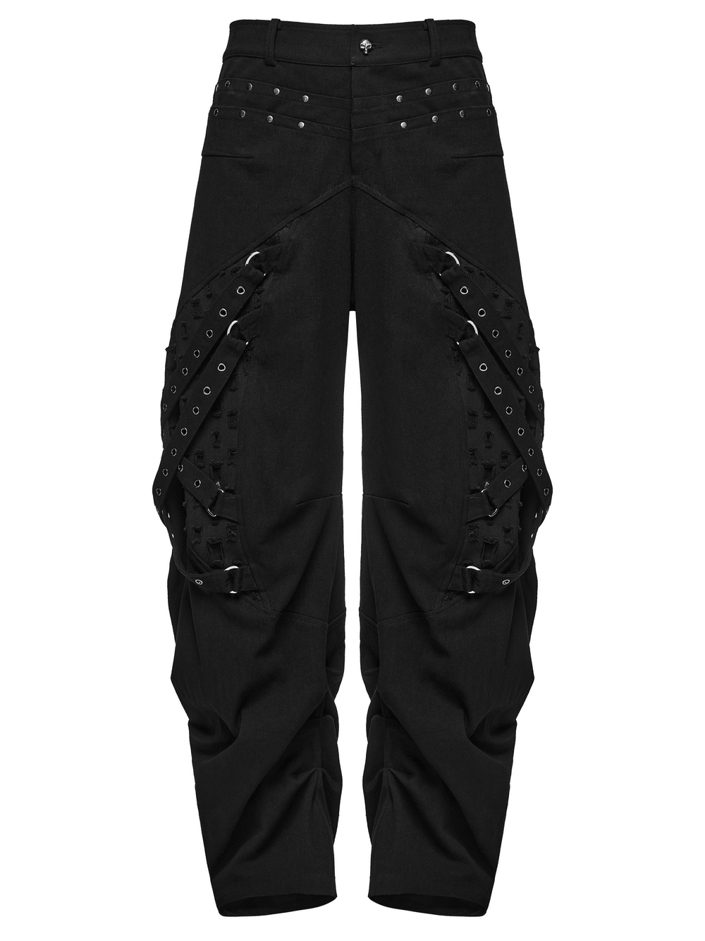 Men's Gothic Punk Tapered Pants with Metal Straps, black studded cargo trousers with eyelet straps and tapered cuffs