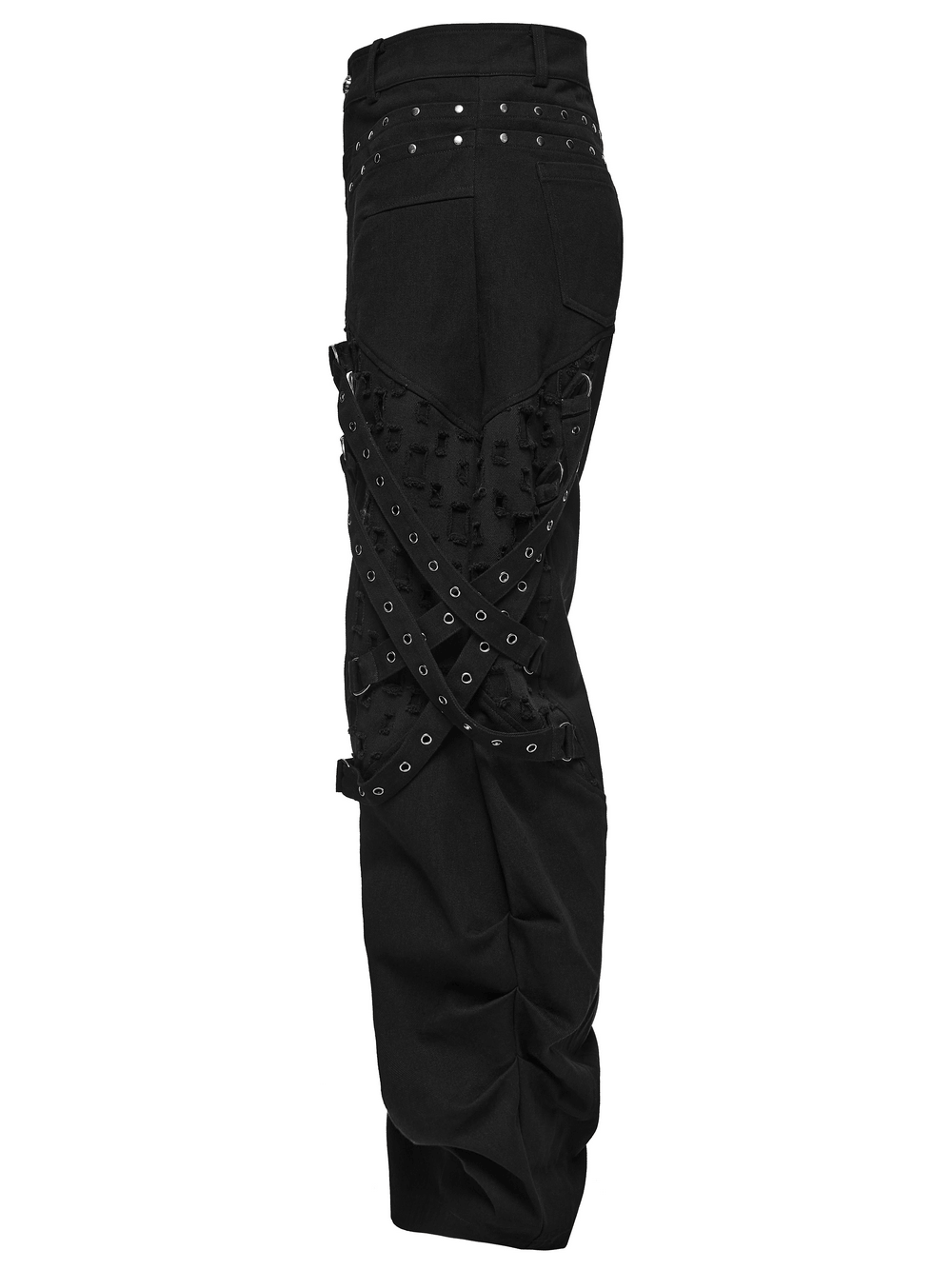 Men's Gothic Punk Tapered Pants with Metal Straps, black cargo trousers with studs and eyelet straps