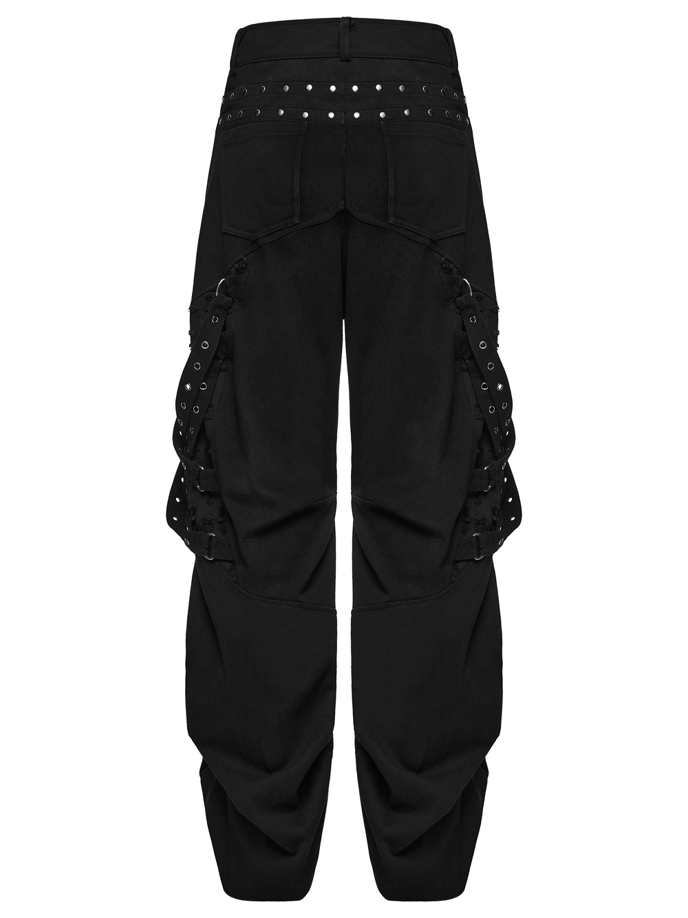 Men's Gothic Punk Tapered Pants with Metal Straps, black studded cargo trousers with eyelet details and tapered cuffs