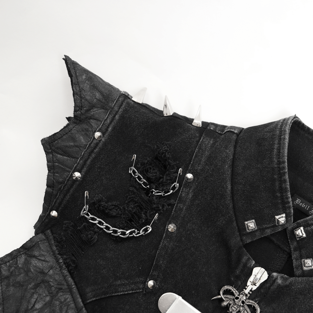 Men's gothic punk vest featuring spikes, chains, and textured details for an edgy, rebellious style. Perfect for making a statement.