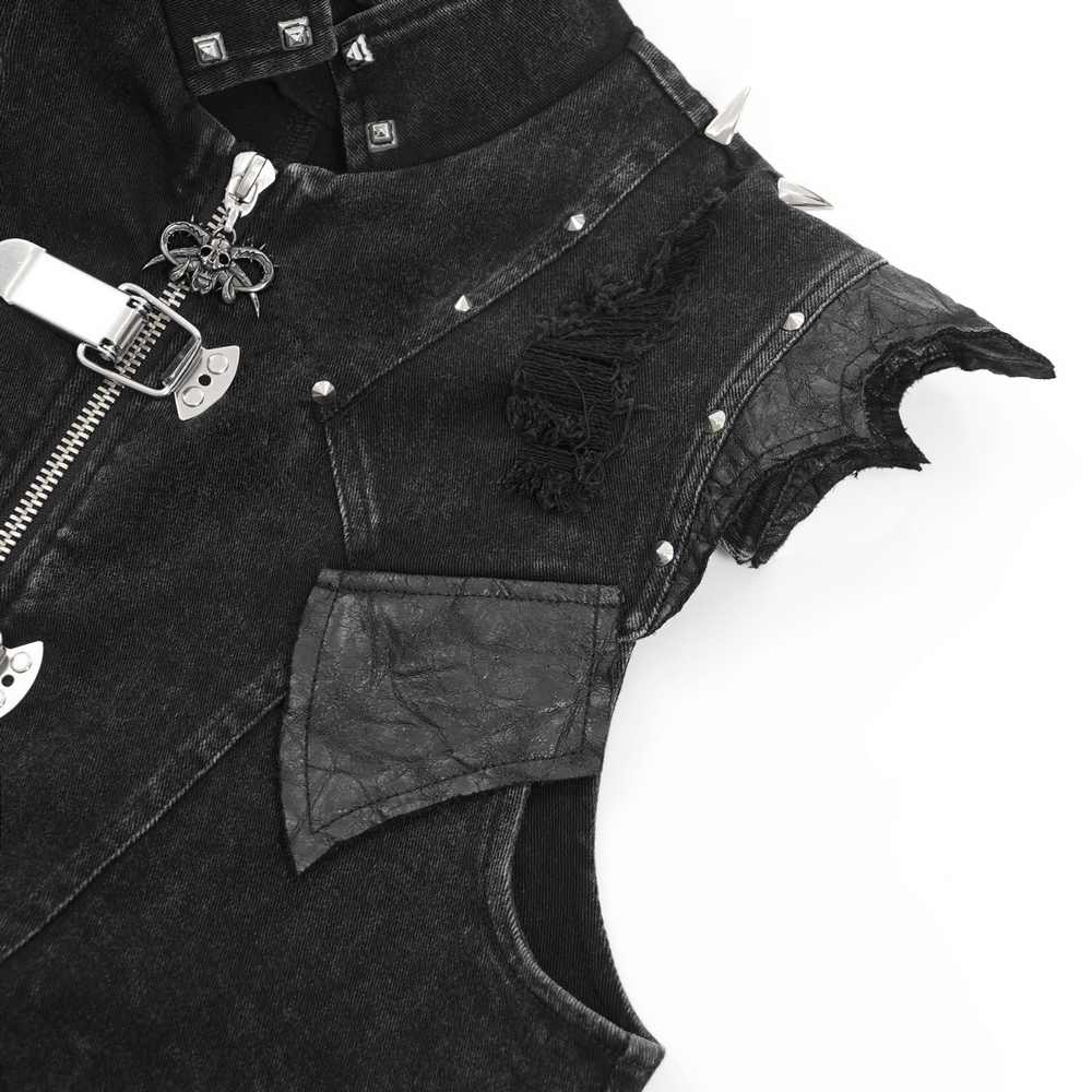 Close-up of men's gothic punk vest showcasing edgy frayed edges, metal studs, and chains for a rebellious look.