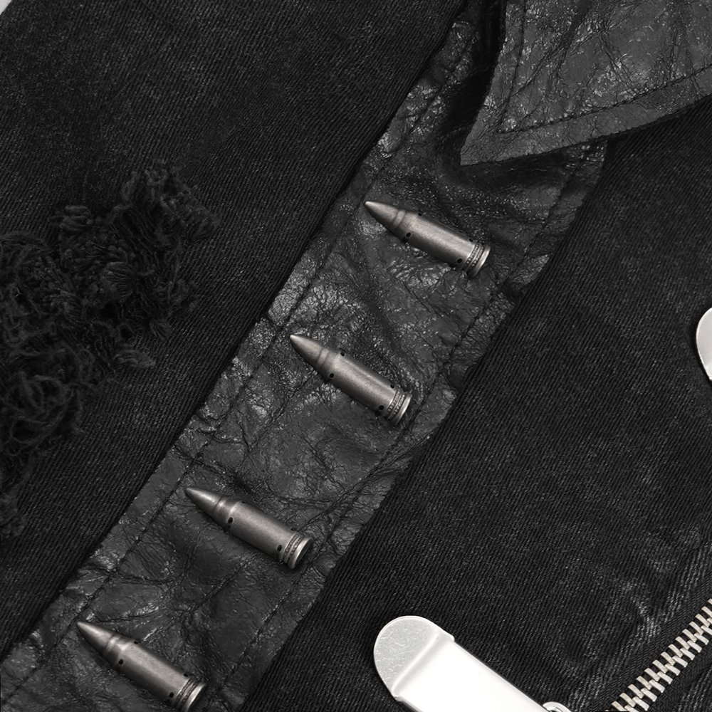 Close-up of men's gothic punk vest showing metal bullet embellishments and distressed fabric for an edgy look.