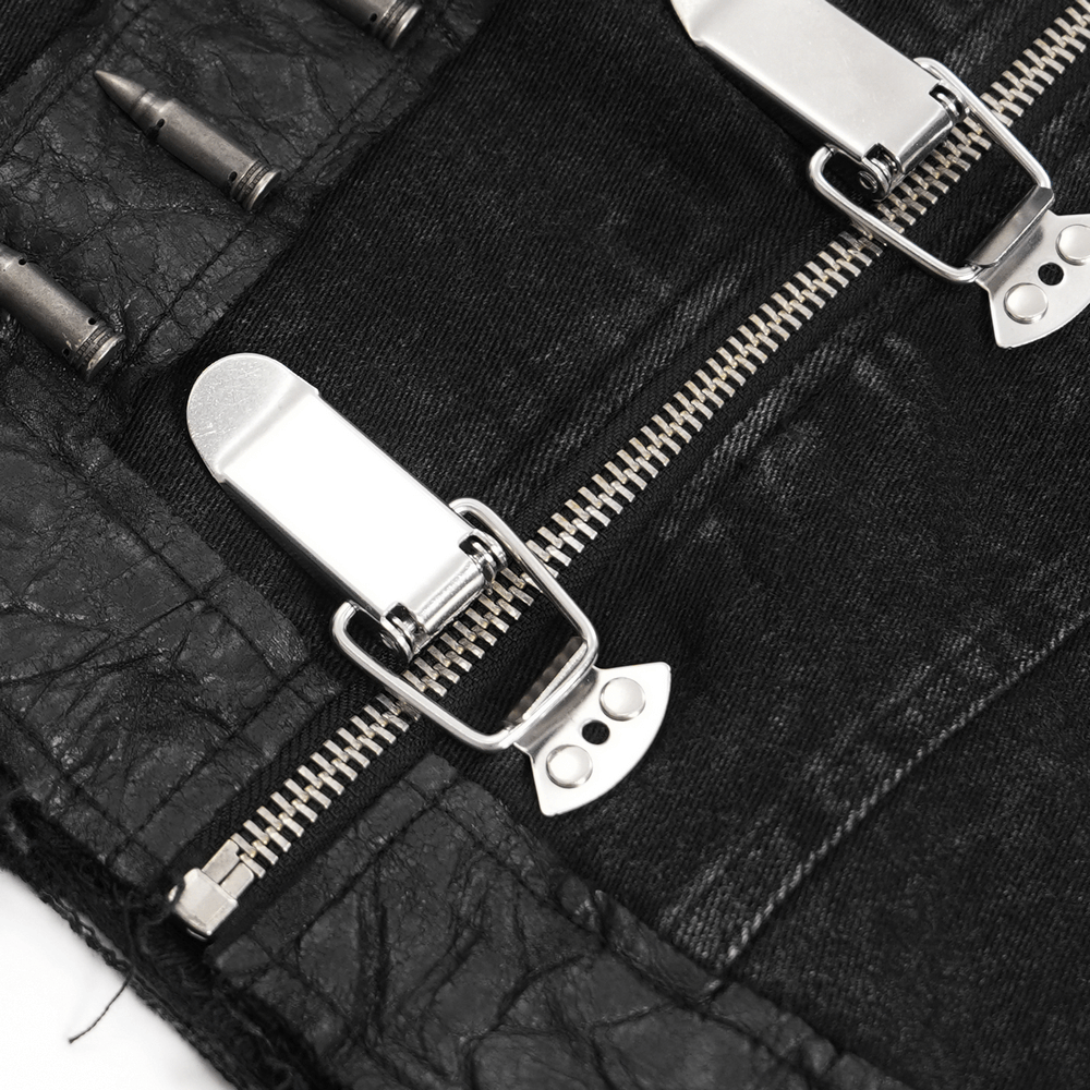 Close-up of metal zippers and buckles on a men's gothic punk denim vest, showcasing edgy design details.