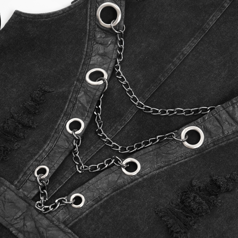 Close-up of men's gothic punk vest showcasing metal chains and buckle details on distressed black denim fabric.