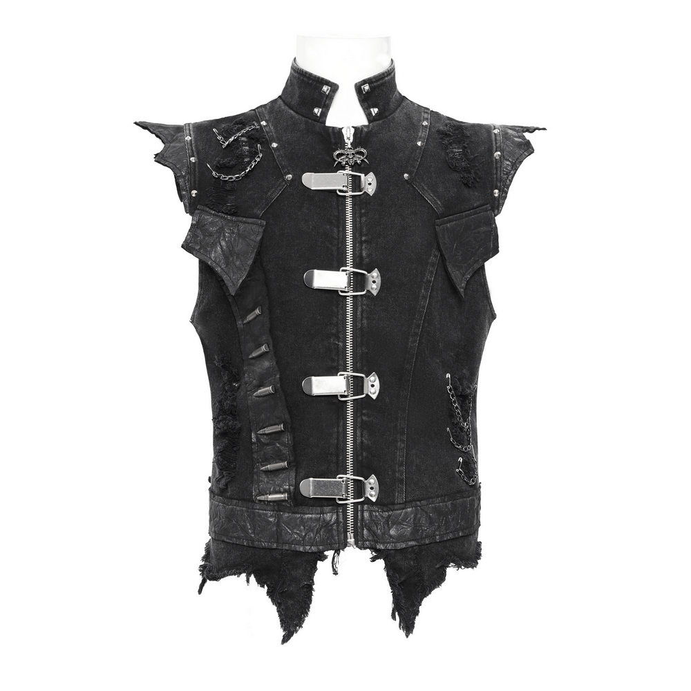 Men's gothic punk vest with chains and buckles, featuring frayed edges and zippers for an edgy look.