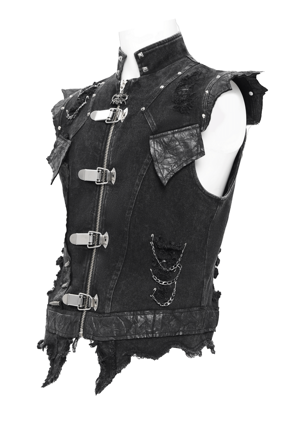 Men's gothic punk vest featuring chains, buckle details, and distressed denim for an edgy, rebellious style.