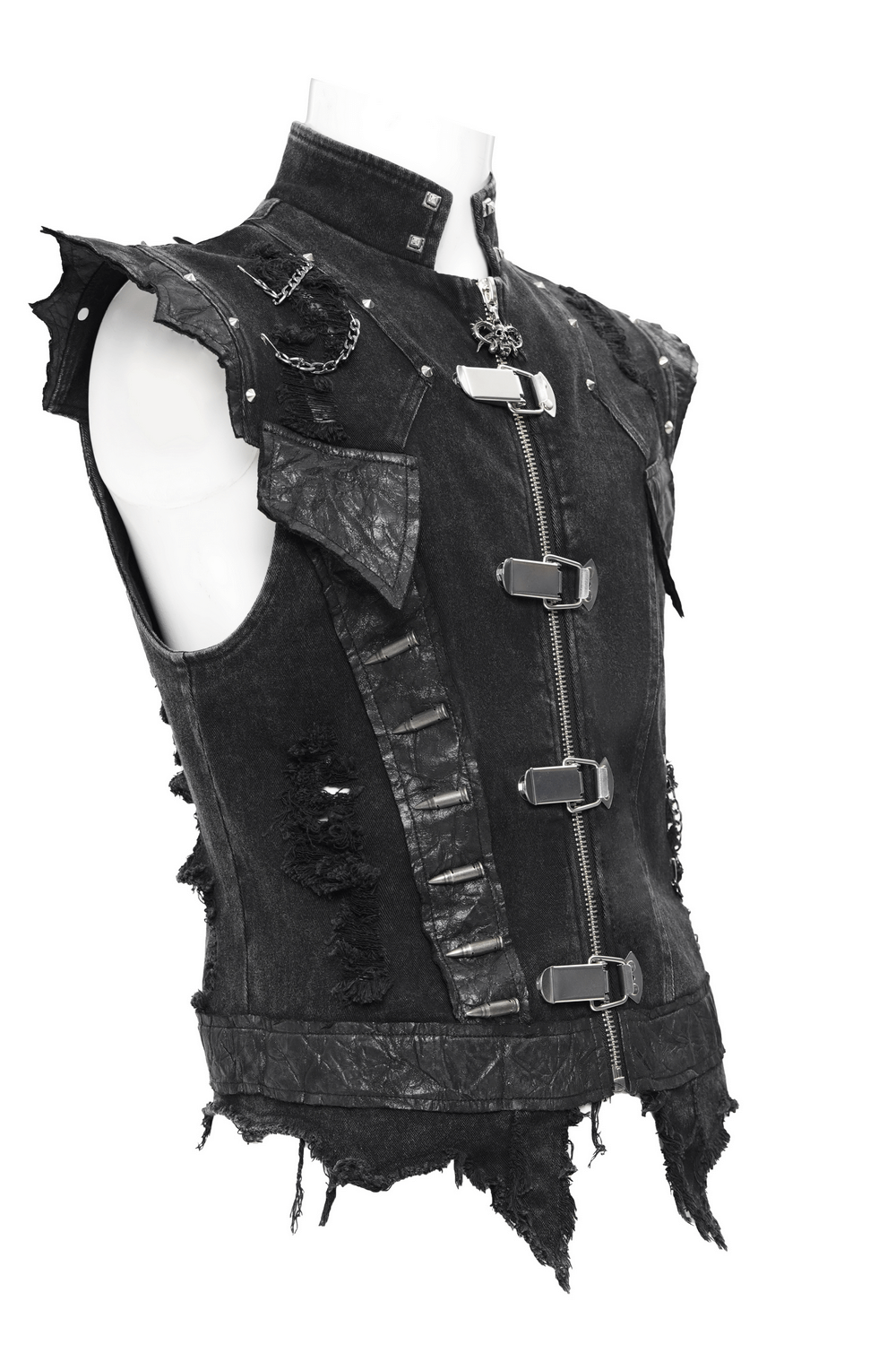 Men's gothic punk vest with chains, buckles, and distressed denim for an edgy, rebellious look. Perfect for concerts and events.