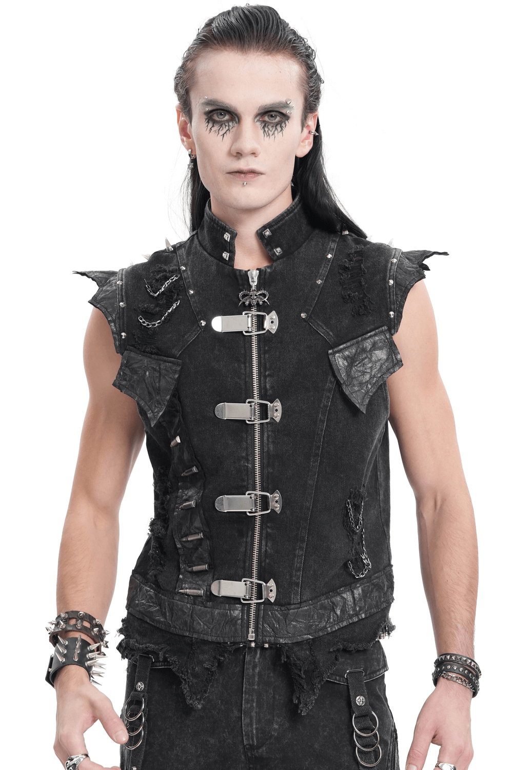 Edgy men's gothic punk vest with chains, buckles, and distressed denim for a bold, rebellious look. Perfect for concerts!